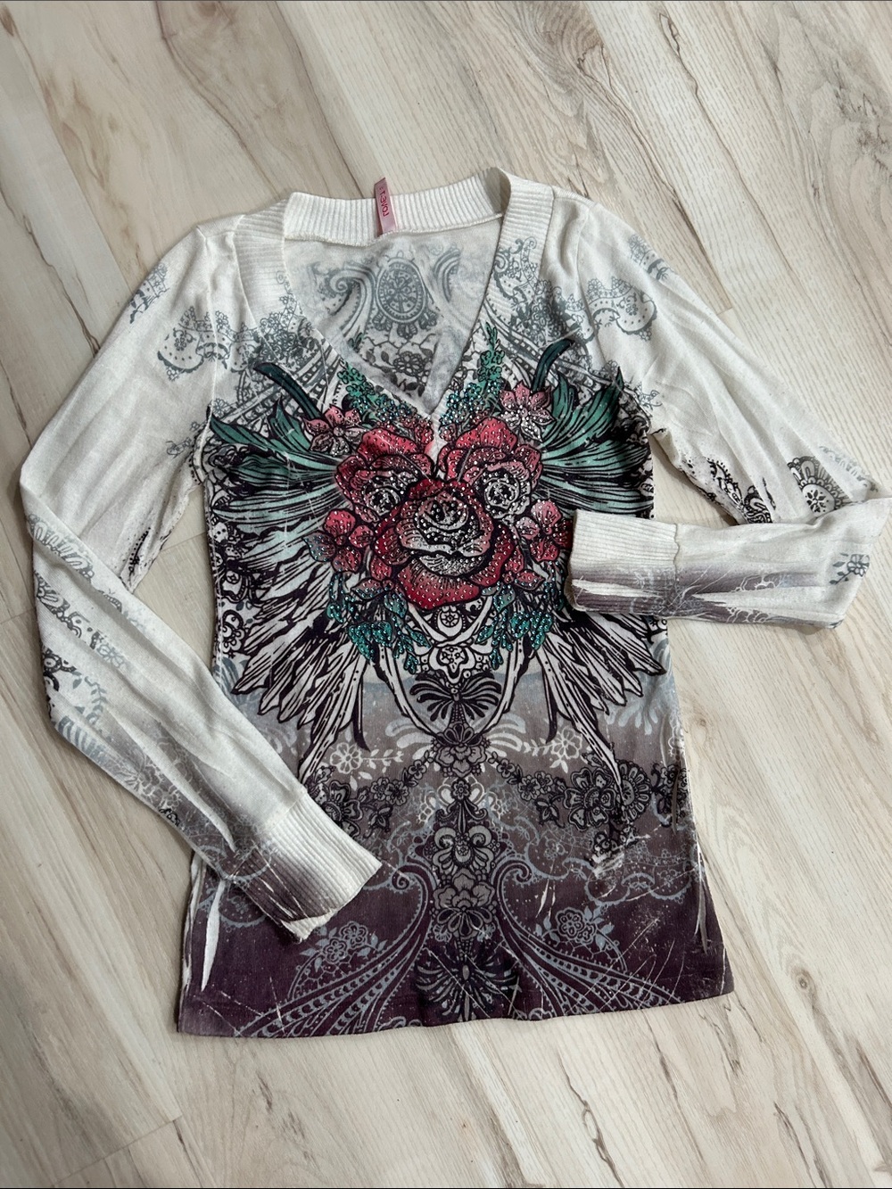 Love-T V-Neck Long Sleeve Top with Red Rose Graphic and Teal Accents